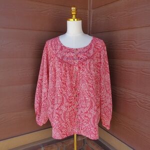 Coco + Carmen Coral Melon Paisley Women's Flowy Long Sleeve Blouse Size L/XL
